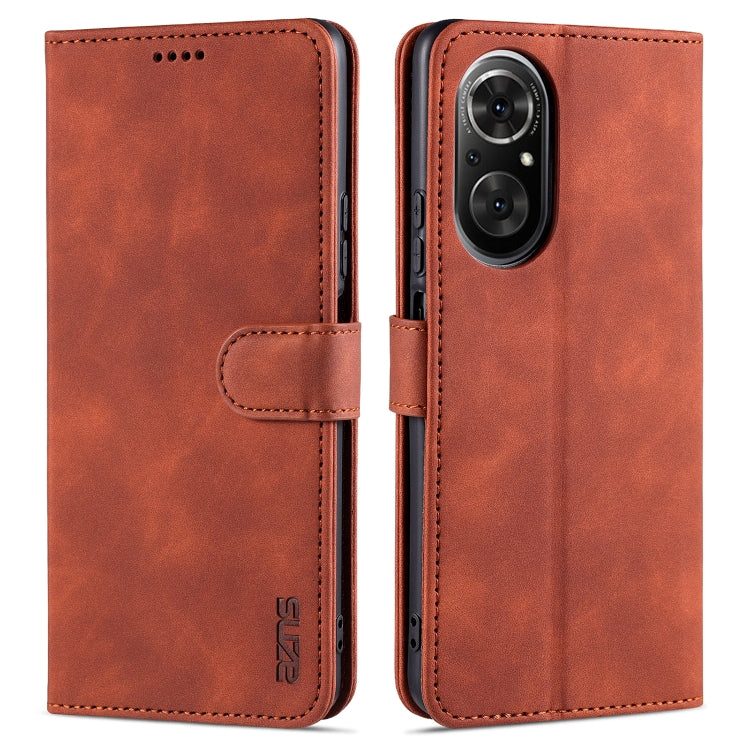 Brown leather flip phone case with card slot and holder, shown front and back.