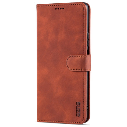 Brown leather flip phone case with card slot and strap, front view.