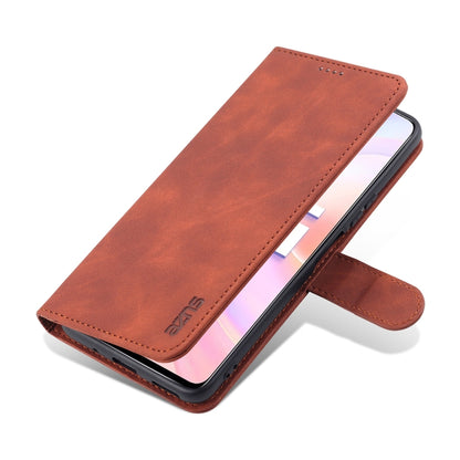 Brown leather flip phone case with stand angle and card strap.