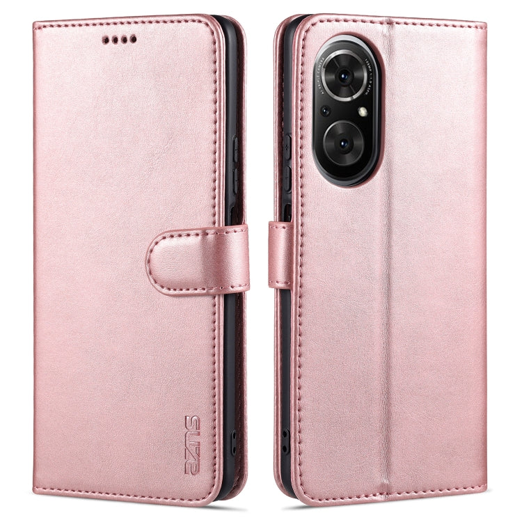 Rose gold leather flip phone case with card slot and holder, front and back view.
