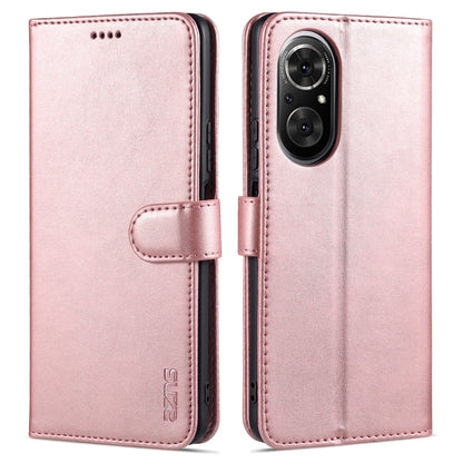 Rose gold leather flip phone case with card slot and holder, front and back view.