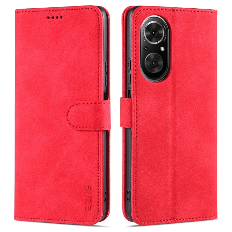 Red leather flip phone case with card slot and holder, front and back view.