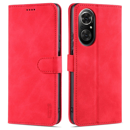 Red leather flip phone case with card slot and holder, front and back view.