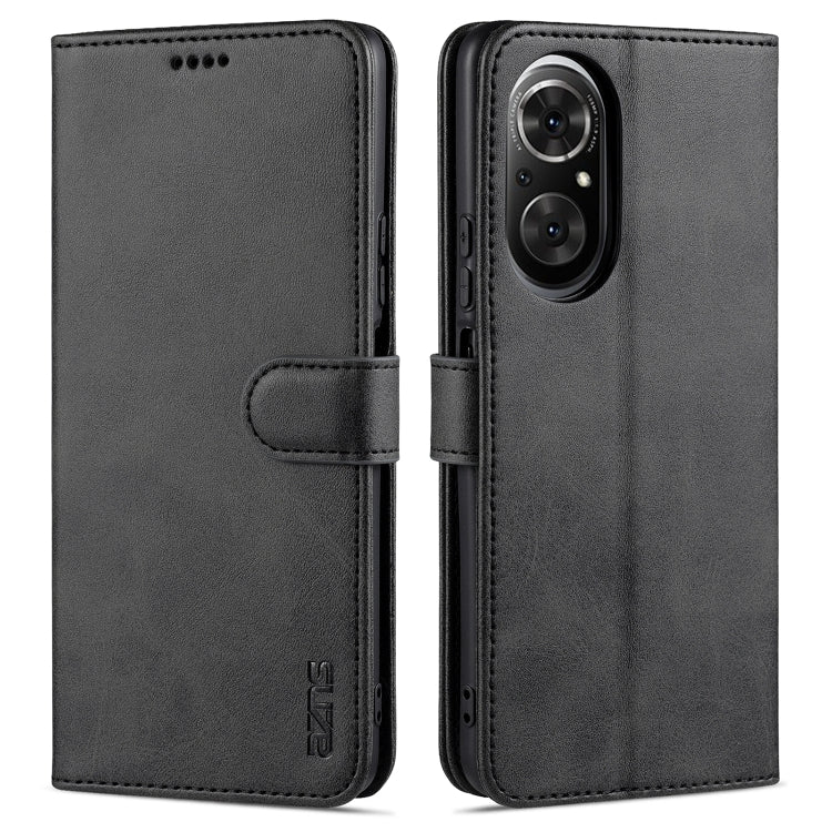 Black leather flip phone case with card slot and holder, front and back view.