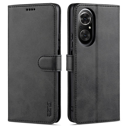 Black leather flip phone case with card slot and holder, front and back view.