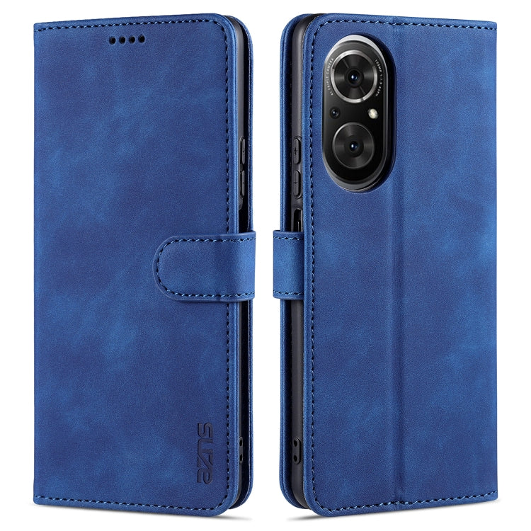 Blue leather flip phone case with card slot and holder, front and back view.