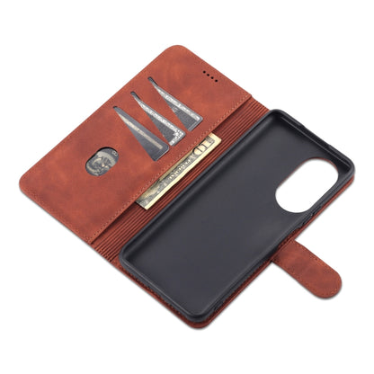 Brown leather wallet flip case with card slots and cash pocket, phone attached.