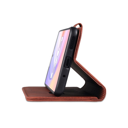 Brown leather flip phone case with stand support and camera cutout, side view.