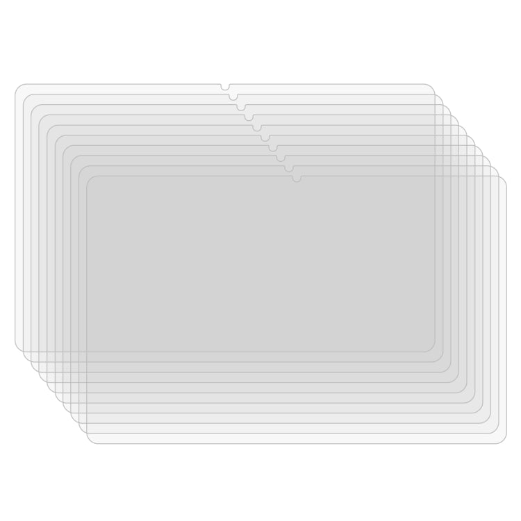 Tablet glass film set with 25 clear protective sheets stacked, rounded corners