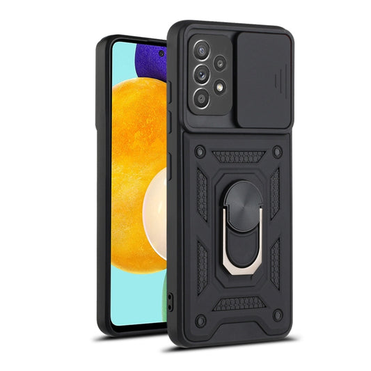 Sliding camera cover protective phone case, dark black with rugged kickstand design