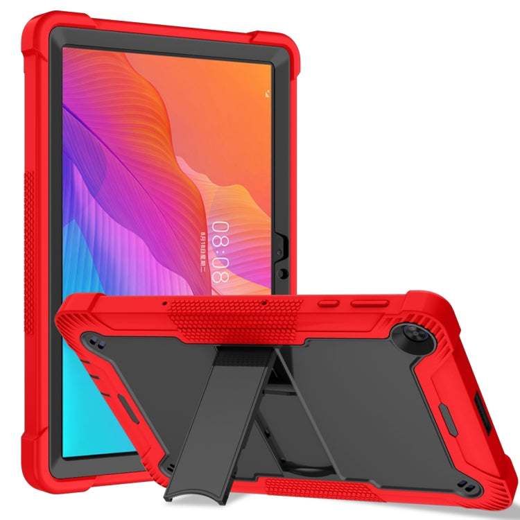 Red and black shockproof tablet case with built-in kickstand and camera cutout