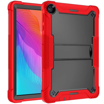 Red shockproof tablet case with textured grip, kickstand panel, and camera opening