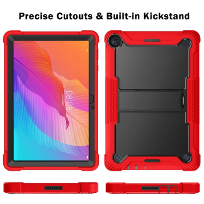 Red and black tablet case showing front, back, and built-in kickstand