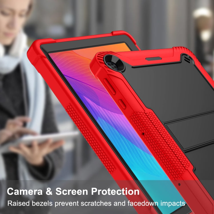 Red shockproof tablet case with camera protection and kickstand in tilted position