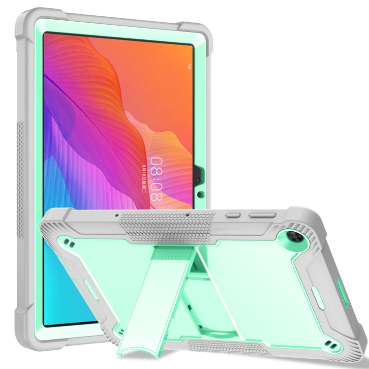 White and green shockproof tablet case with built-in kickstand and camera cutout