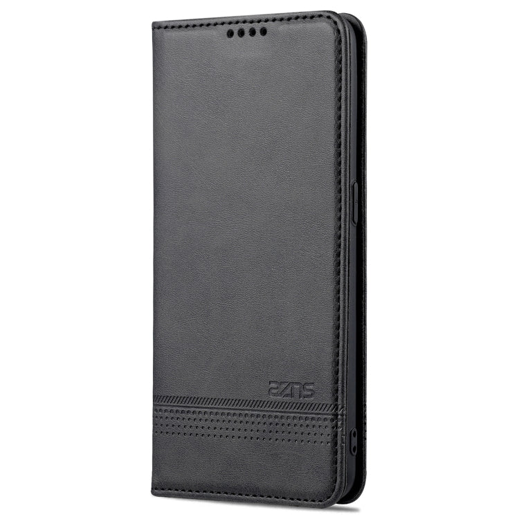 Black magnetic leather flip phone case with textured back and side button cutouts