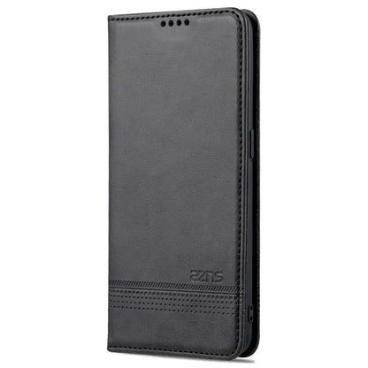 Black magnetic leather flip phone case with textured back and side button cutouts