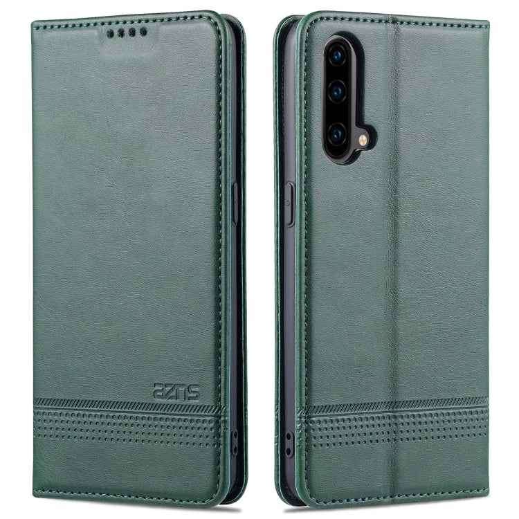 Dark green magnetic leather flip phone case with textured stripe and stitched edges