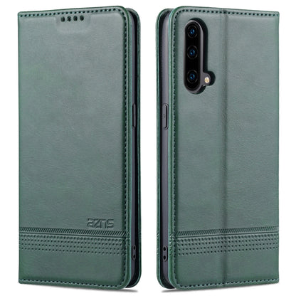 Dark green magnetic leather flip phone case with textured stripe and stitched edges