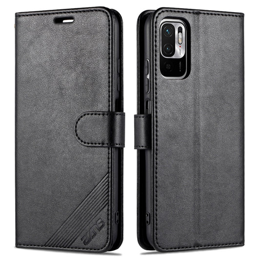 Black leather flip wallet phone case with holder and card slots, faux shearling texture
