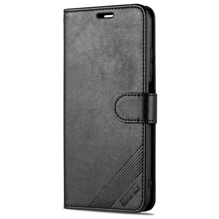 Black leather flip wallet phone case with holder and card slots, single front view