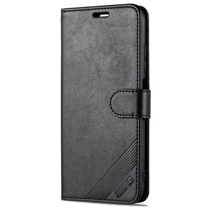 Black leather flip wallet phone case with holder and card slots, single front view