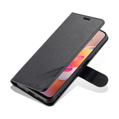 Black leather flip wallet phone case with card slots, folded stand view