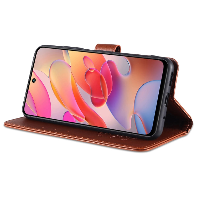 Brown leather flip wallet phone case with card slots, folded stand view