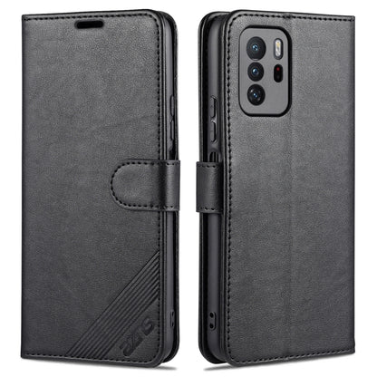 Black leather flip wallet phone case with holder and card slots, front and back
