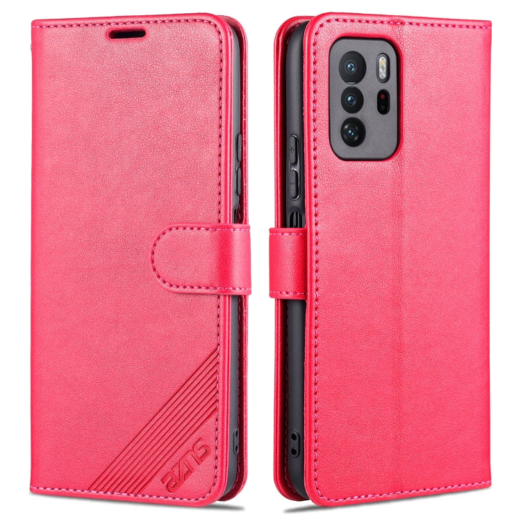 Red leather flip wallet phone case with holder and card slots, front and back