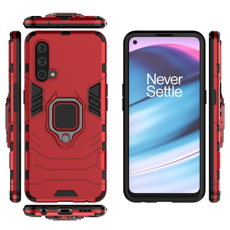 Red shockproof phone case with magnetic ring holder, front view, and side button covers.