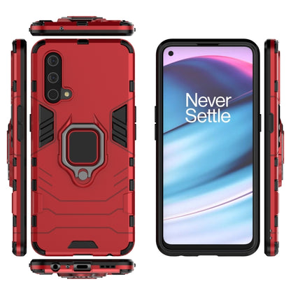 Red shockproof phone case with magnetic ring holder, front view, and side button covers.