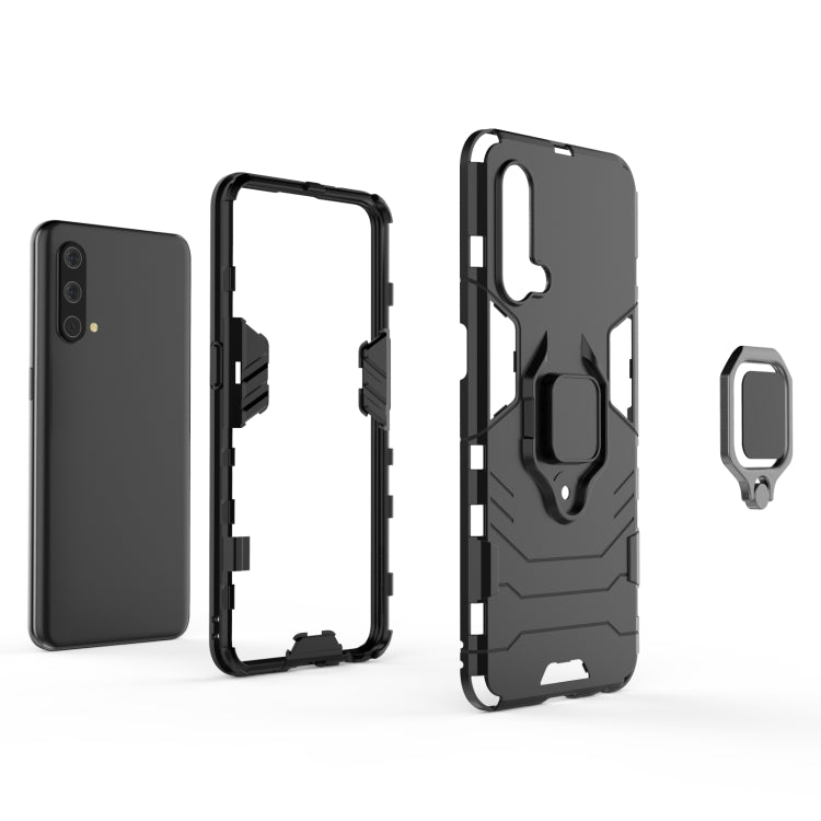 Black shockproof phone case with magnetic ring holder; includes back shell and frame.