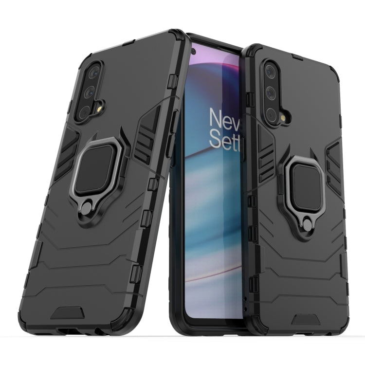 Black shockproof phone case with magnetic ring holder and camera and port cutouts.