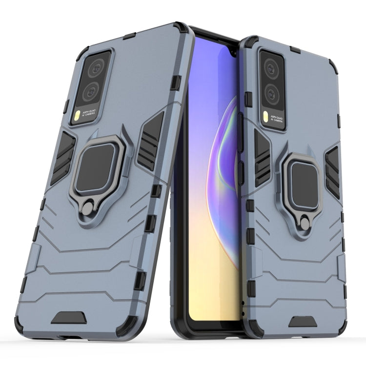 Navy blue shockproof phone case with magnetic ring holder and camera cutouts.