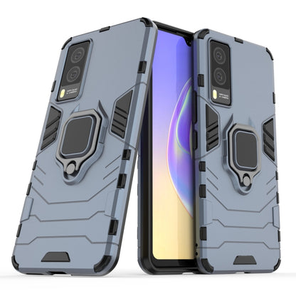 Navy blue shockproof phone case with magnetic ring holder and camera cutouts.