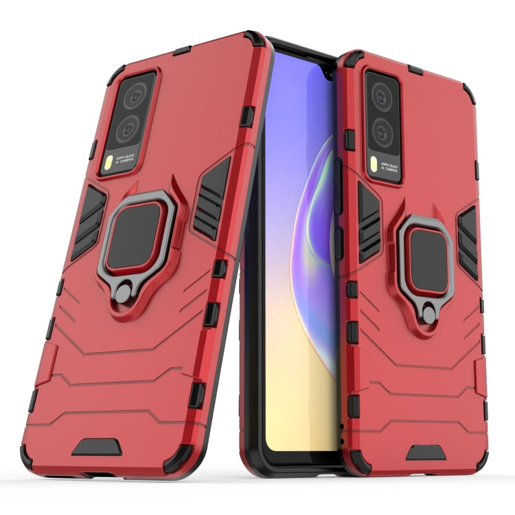 Red rugged shockproof phone case with magnetic ring holder and protective bumper corners.