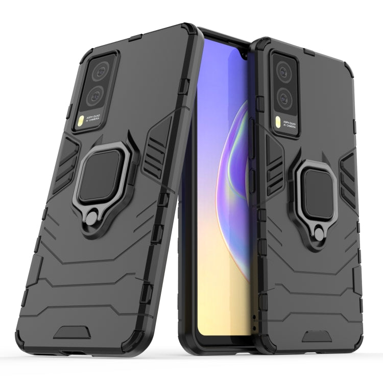Black rugged shockproof phone case with magnetic ring holder and raised corner protection.