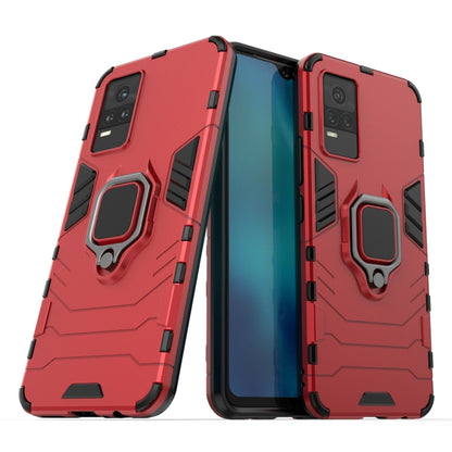 Shockproof phone case with magnetic ring holder, red hard-shell with raised edges