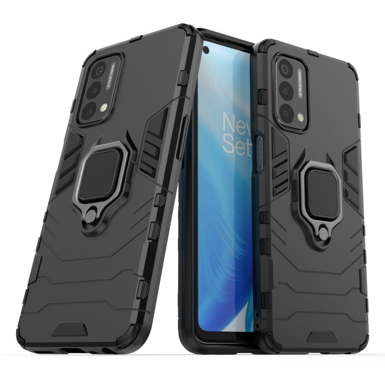 Shockproof phone case with magnetic ring holder, black; front and back views