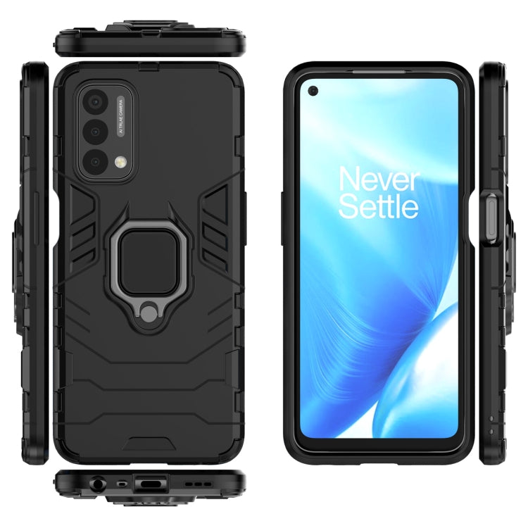 Shockproof phone case with magnetic ring holder, black; front, back, and side views