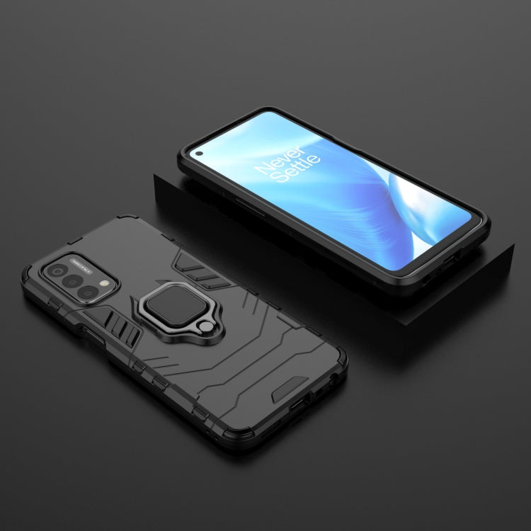 Shockproof phone case with magnetic ring holder, black; angled back and screen
