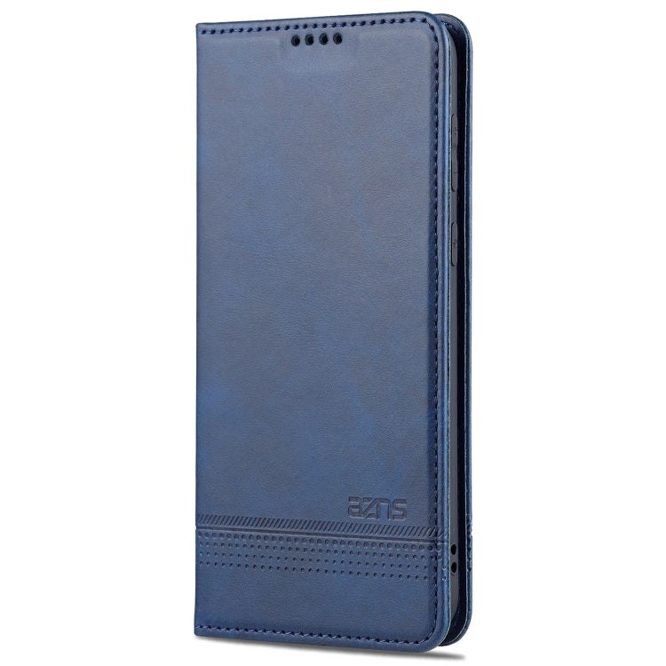 Dark blue leather flip phone case with card-slot holder, phone front view
