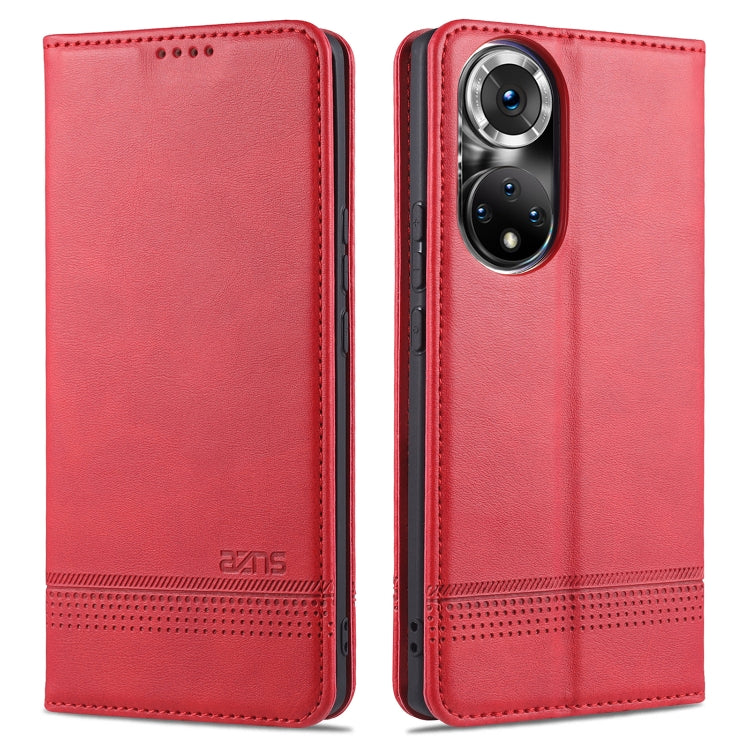 Leather flip phone case with card slots and magnetic closure, red, for Huawei P50