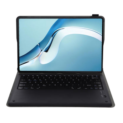 Black leather stand keyboard case with tablet mounted and open flip cover