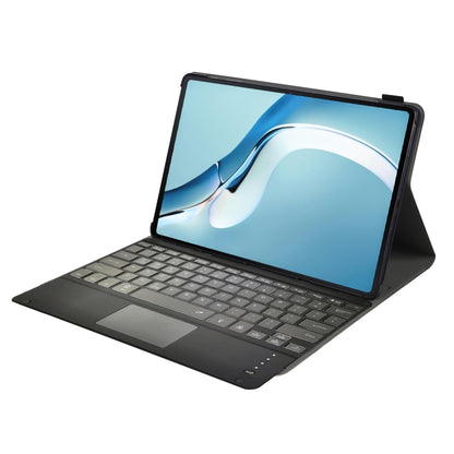 Black Bluetooth keyboard flip leather case with touchpad, open on a stand