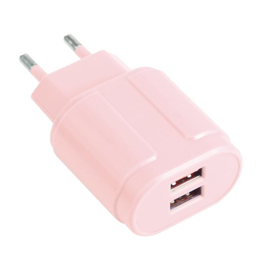 Pink dual-USB travel charger with EU plug and two USB-A ports