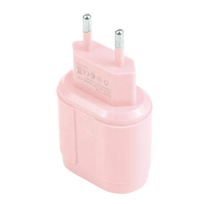 Pink dual-USB travel charger with EU plug, two round pins, rear view