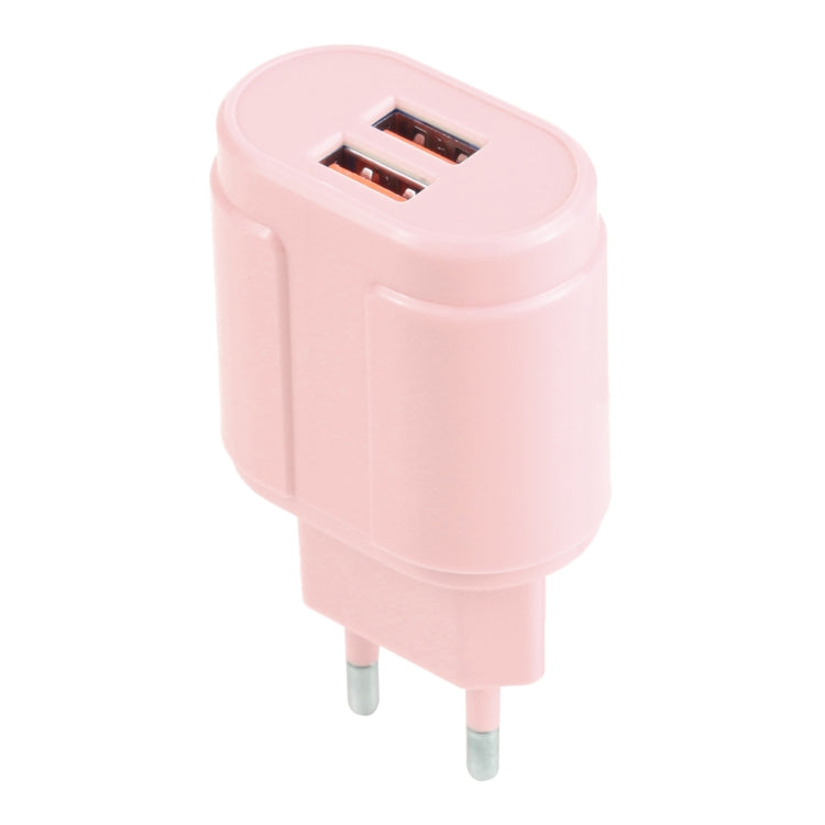 Pink dual-USB travel charger with EU plug, USB-A ports facing forward