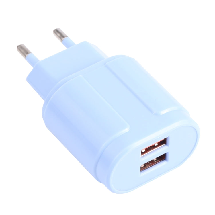 Light blue dual-USB travel charger with EU plug and two USB-A ports